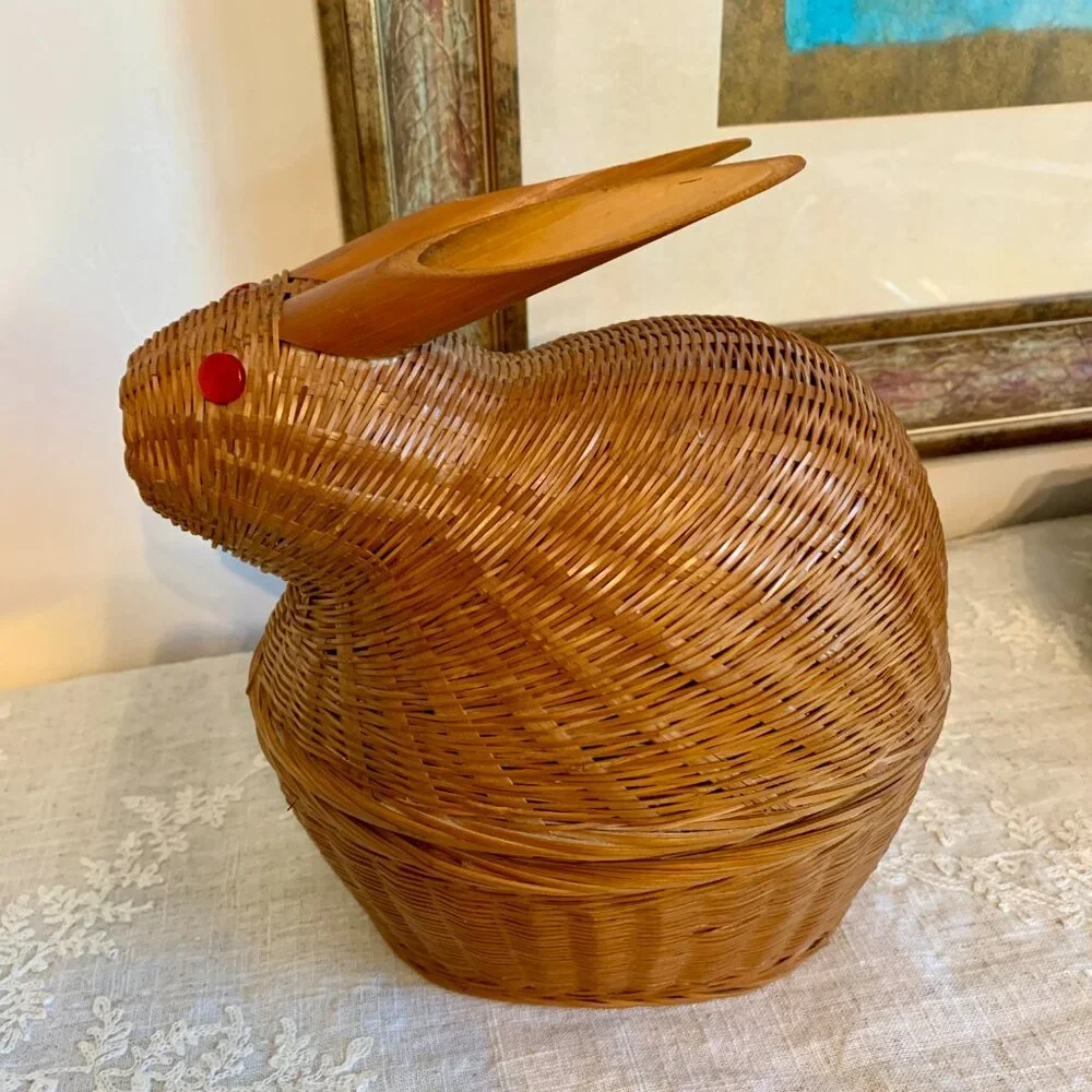Vintage Wicker and Bamboo Bunny Rabbit Lidded Basket Functional/Whimsical Cute!